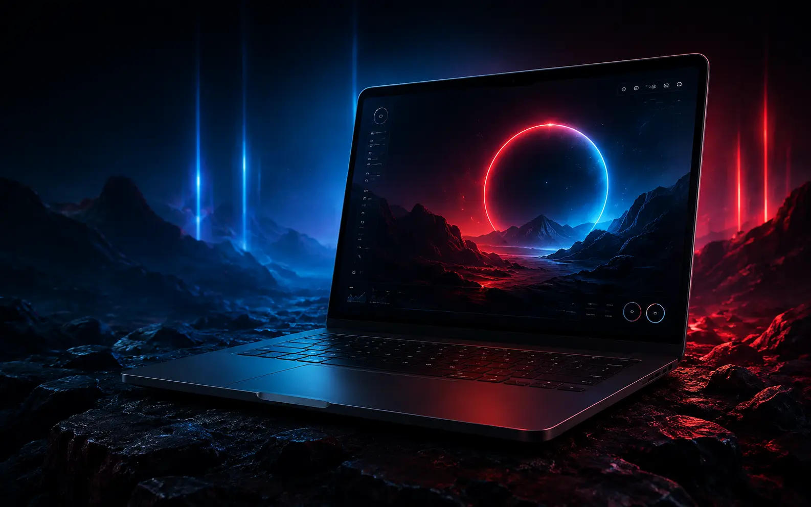 Premium laptop displaying a futuristic ByteeCraft digital experience