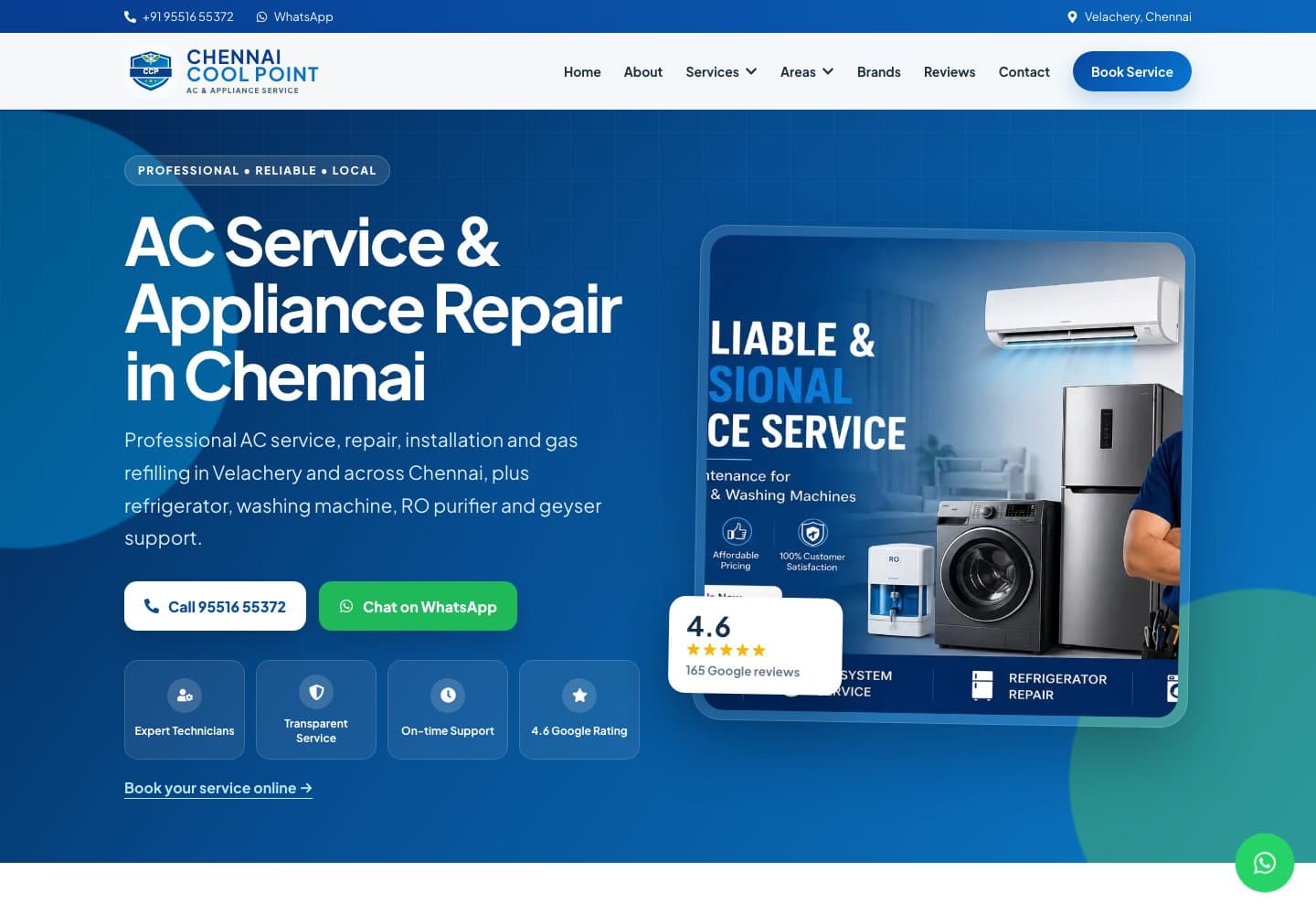 Chennai Cool Point homepage with appliance services, call and WhatsApp buttons, and service booking link