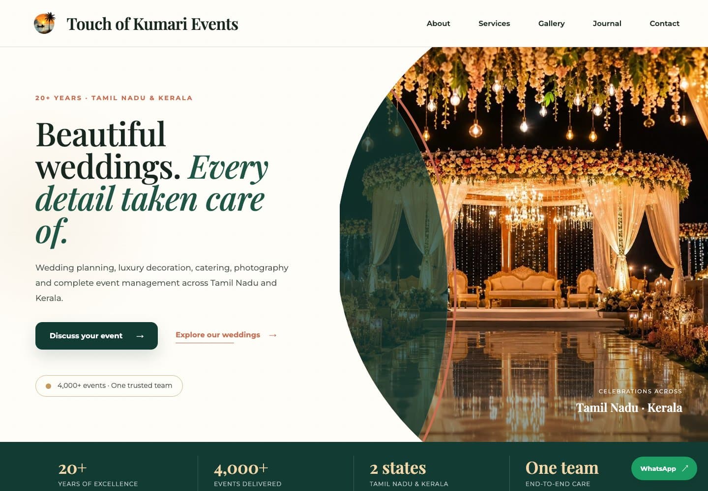 Touch of Kumari Events homepage with wedding-stage imagery, service introduction and event enquiry button